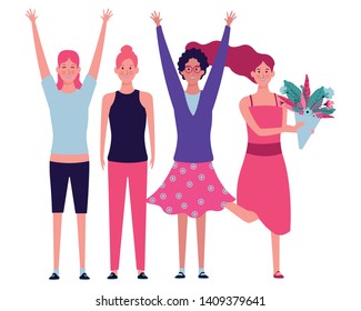 women with flower and hands up avatar cartoon character vector illustration graphic design