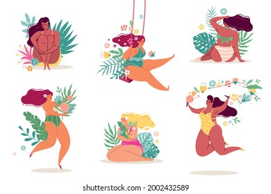 Women in flowers. Body positive ladies in beautiful tropical leaves and plants. Females set with bouquets sunbathe on beach. Happy girls in bikinis. Vector spring and summer seasons
