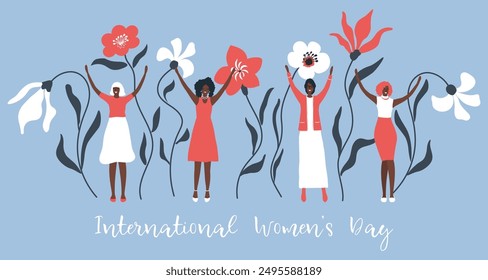 Women and Flowers. International Women's Day concept. Women's community. Four Beautiful Women Stand With Different Flowers. Vector Illustration in Red, Blue, White, Black Colors