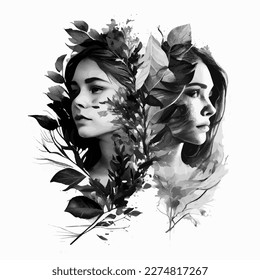 women with flowers and leaves black and white outline