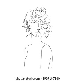 Women and flowers line art. Girl with flowers and leaves one line vector drawing. Portrait continuous line art drawing for prints, tattoos, cosmetics, fashion, Beauty salon and wall home decoration.