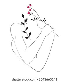 Women and flowers line art. Girl with flowers and leaves one line vector drawing. Portrait continuous line art drawing for prints, tattoos, cosmetics, fashion, Beauty salon and wall home decoration.