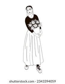 Women with flowers pot black and white outline illustration