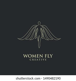 women fly angel gold line logo, award, and wings with silhouette style