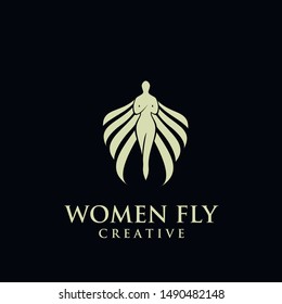 women fly angel gold logo, award, and wings with silhouette style