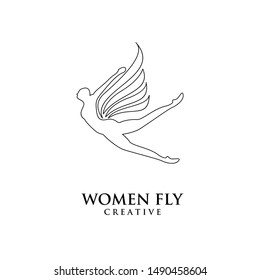 women fly angel line logo, award, and wings with silhouette style