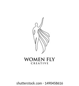 women fly angel line logo, award, and wings with silhouette style