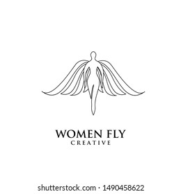 women fly angel line logo, award, and wings with silhouette style