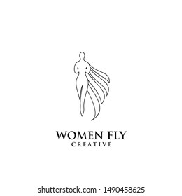 women fly angel line logo, award, and wings with silhouette style