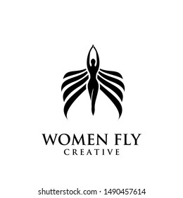 women fly angel logo, award, and wings with silhouette style