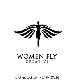 women fly angel logo, award, and wings with silhouette style