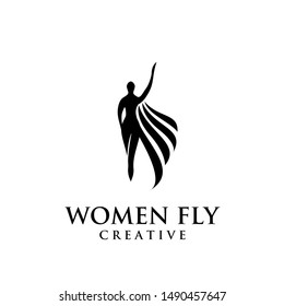 women fly angel logo, award, and wings with silhouette style