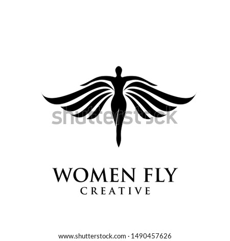 women fly angel logo, award, and wings with silhouette style