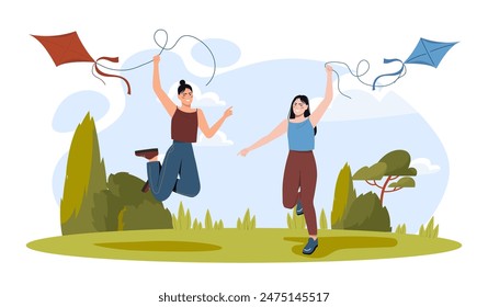 Women with flying kite. Young girls with red and blue kite run in nature. Active lifestyle and leisure. Friends spending time together. Cartoon flat vector illustration isolated on white background