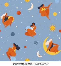 Women flying in space vector flat illustration. Collection of girls holding planet with dream universe. Concept in flat graphic. Vector seamless pattern.