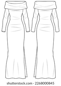 Women folded off shoulder bandage column knit dress design flat sketch fashion illustration with front and back view, long sleeve fold over off shoulder neck bodycon dress cad drawing vector template