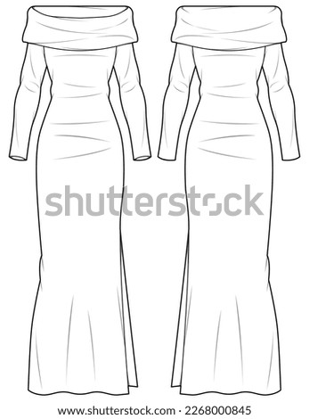 Women folded off shoulder bandage column knit dress design flat sketch fashion illustration with front and back view, long sleeve fold over off shoulder neck bodycon dress cad drawing vector template