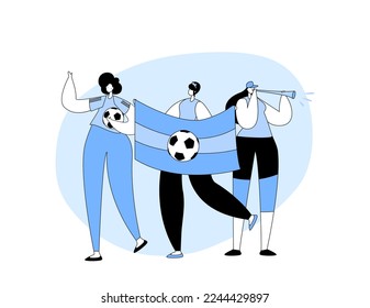 Women Football Fans Wear T-shirts Holding Banner Cheering for Goal. Girls Supporters Cheering Watching Match at Stadium. Excited Female Character on Sport Championship. Cartoon Vector Illustration