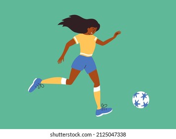 Women football match vector illustration. Female soccer player on green football field. Young woman in sport wear running to kicks ball. Womens soccer team training. Athlete girl playing exercising