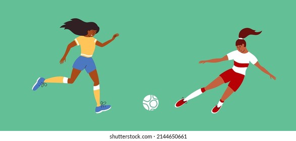 Women football match vector illustration. Female soccer players playing ball football field. Different sport team girls running to kick ball. Athlete game training. Isolated play on green background