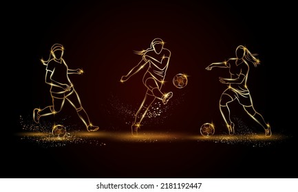 Women Football players set. Golden linear soccer player illustration for sports banner, background, and flyer.