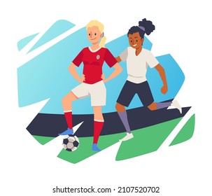 Women football players or soccer players standing with ball, flat cartoon vector illustration isolated on white background. Female football or soccer championship.