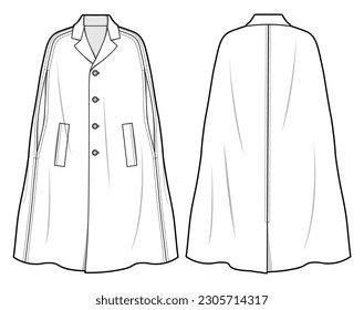 Women Formal Cape Coat  Front and Back View. Fashion Illustration, Vector, CAD, Technical Drawing, Flat Drawing, Template, Mockup.