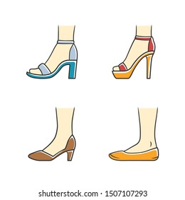 Women formal shoes color icons set. Female elegant high heels footwear. Stylish ladies classic pumps, ballerinas, ankle strap sandals. Fashionable stilettos. Isolated vector illustrations
