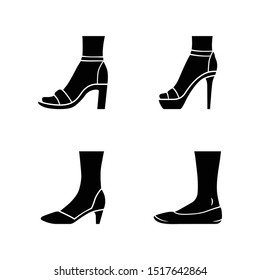 Women formal shoes glyph icons set. Female elegant high heels footwear. Classic pumps, ballerinas, ankle strap sandals. Fashionable stilettos. Silhouette symbols. Vector isolated illustration