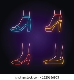 Women formal shoes neon light icons set. Female elegant high heels footwear. Stylish ladies classic pumps, ballerinas, ankle strap sandals, stilettos. Glowing signs. Vector isolated illustrations