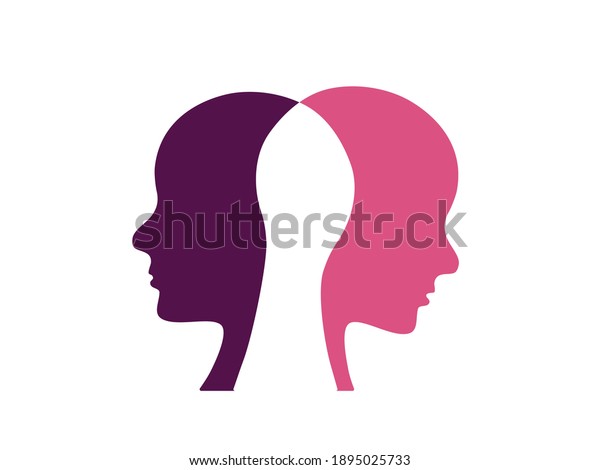 Women forum logo. Two faces outline\
looking in different dirrection. Concept logo vector.\
