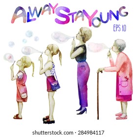 Women in four age groups blowing soap bubbles.  Two sisters, mother and grandmother standing in profile. Watercolor vector illustration isolated on white background