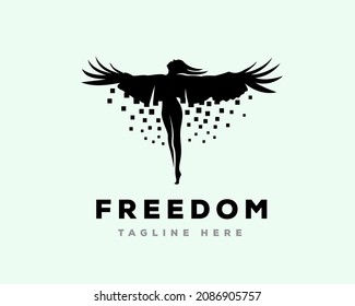 women freedom flying flapping wings black silhouette logo design template illustration