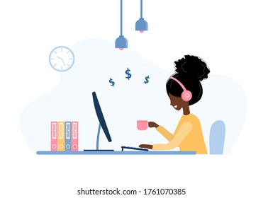 Women freelance. African girl in headphones with laptop sitting at a table. Concept illustration for working from home, studying, education, communication, healthy lifestyle. Vector in flat style.