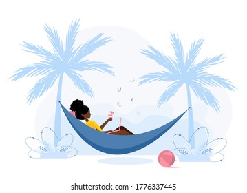 Women freelance. African girl with laptop lies in hammock under palm trees with cocktail. Concept illustration for working outdoors, studying, communication, healthy lifestyle. Flat style.