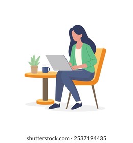 Women freelancer in trendy style working his project remote job from home vector illustration