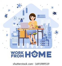 women freelancer working from home in the living room with room interior as background. used as social media poster, landing page and other.