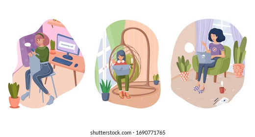 Women freelancers working from home or taking online classes. Stay home in quarantine. Concept illustration. Flat vector.