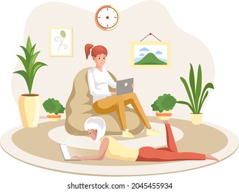 Women freelancers working or studying at laptop. Remote worker young girl, student at home in living room. Job freelance, pupil at online learning, Girlfriends communicate with digital technologies