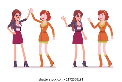Women friendly greeting. Female close friends giving high five and wave. Social manners and etiquette concept. Vector flat style cartoon illustration isolated on white background