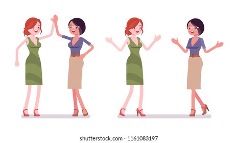 Women friendly greeting. Female friends giving high five and open arms for hug. Business protocol manners and etiquette concept. Vector flat style cartoon illustration isolated on white background