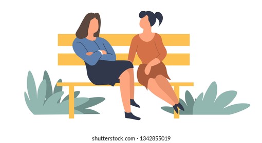 Women friendly taking friendship of people sitting on bench vector ladies wearing casual clothes enjoying spring holidays and fine weather female friends talking and discussing subjects flat style
