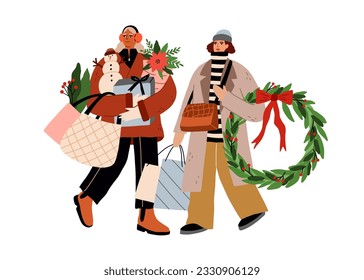 Women friends after Christmas shopping. Happy girls carrying winter holiday gifts, boxes, bags, wreath, decoration. People preparing for Xmas. Flat vector illustration isolated on white background