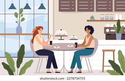 Frauen Freunde. Cafe Treffen mit Freunden Kaffeepause. Vektorgrafik der Begegnung mit Kaffee, Illustration der Restaurantgespräche