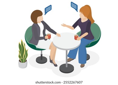 Mujeres amigas en el café. Reunión con amigos, pausa para el café. Ilustración isométrica de Vector