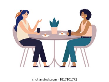 Women friends. Cafe meeting with friends. Girls sitting in restaurant at table and communicating. Characters drinking coffee and eating cupcakes. Spending leisure vector illustration