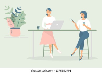 Women friends or colleagues sitting at desk in modern office or cafe,working at notebook and tablet,have coffee, talking.Effective and productive teamwork.Hand drawn style vector design illustrations