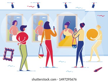 Women Friends Coming to Art Gallery to Look at Famous Artworks Flat Cartoon Vector Illustration. Visitors Taking Photos on Mobile Phone. Man Carrying Round Object Sculpture. Light on Artwork.