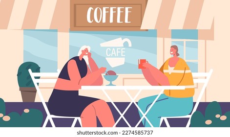 Women Friends Couple Chat And Laugh While Enjoying Coffee And Snacks At A Vibrant Street Cafe Vector Illustration