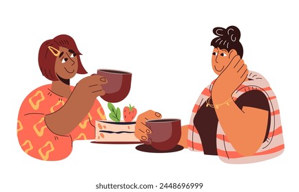 Women friends drinking coffee and eating dessert, while chatting, vector illustration on white background. Happy women spending time together having friendly conversation.